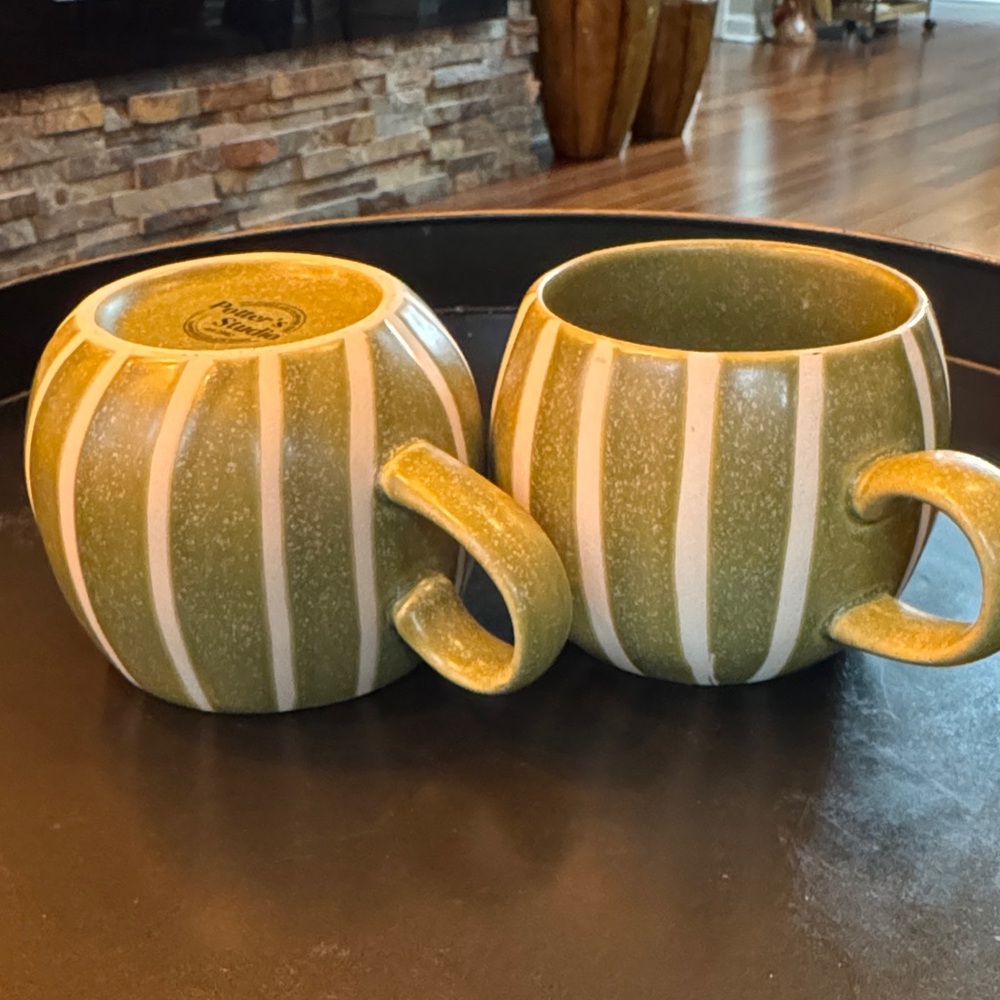 Set of two Potter’s Studio Green and White Striped stoneware Mugs